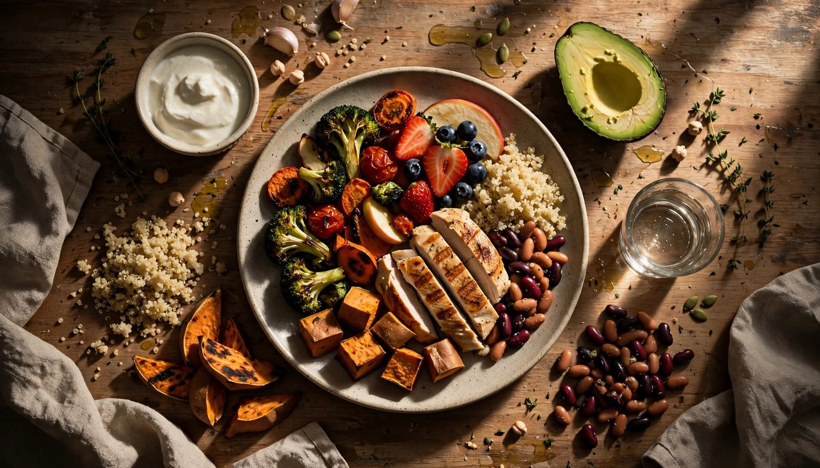 A balanced pregnancy meal with vegetables, chicken, grains, yogurt, avocado, and water.