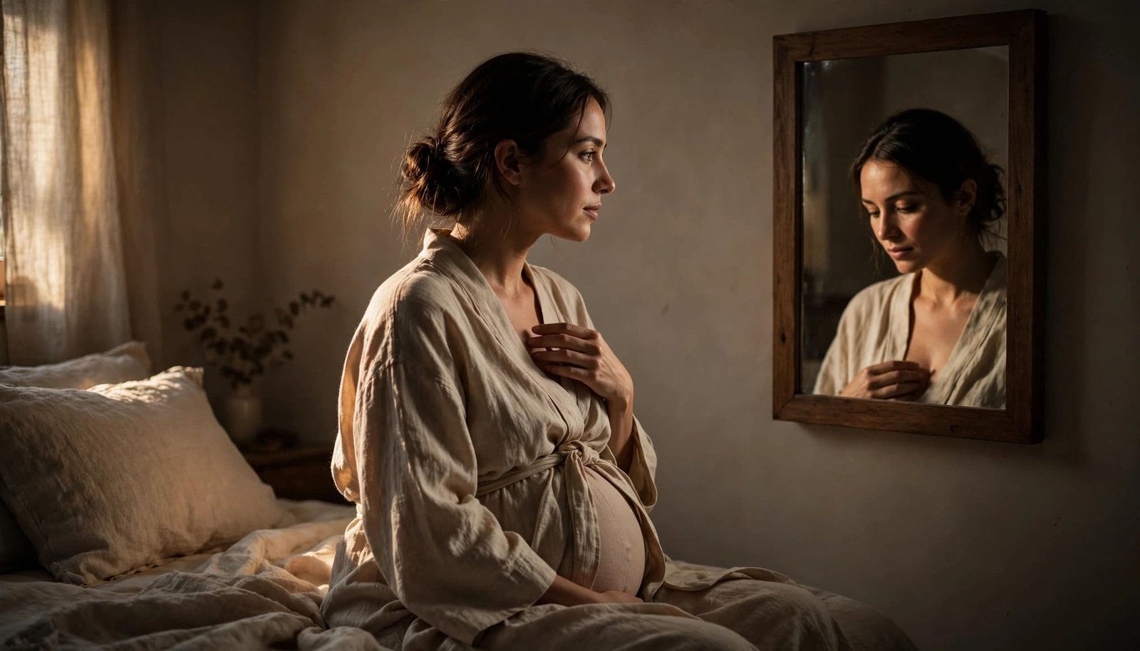 Pregnant person in a loose robe calmly examining breast skin in a bedroom mirror.