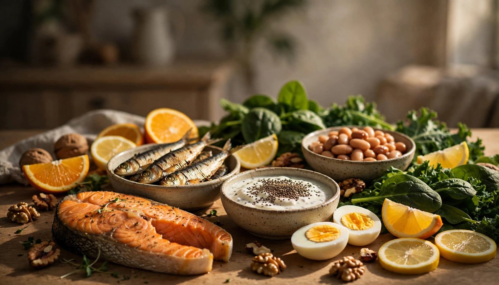 Salmon, sardines, eggs, yogurt, greens, beans, walnuts, chia, and citrus on a warm kitchen table.