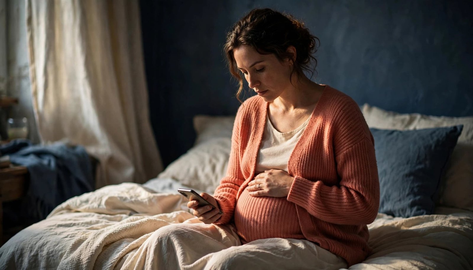 Pregnant person sitting on a bed, holding a phone and touching her abdomen.