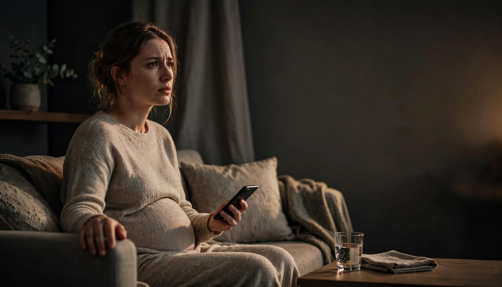 Pregnant woman calmly holding a phone beside a glass of water at home.