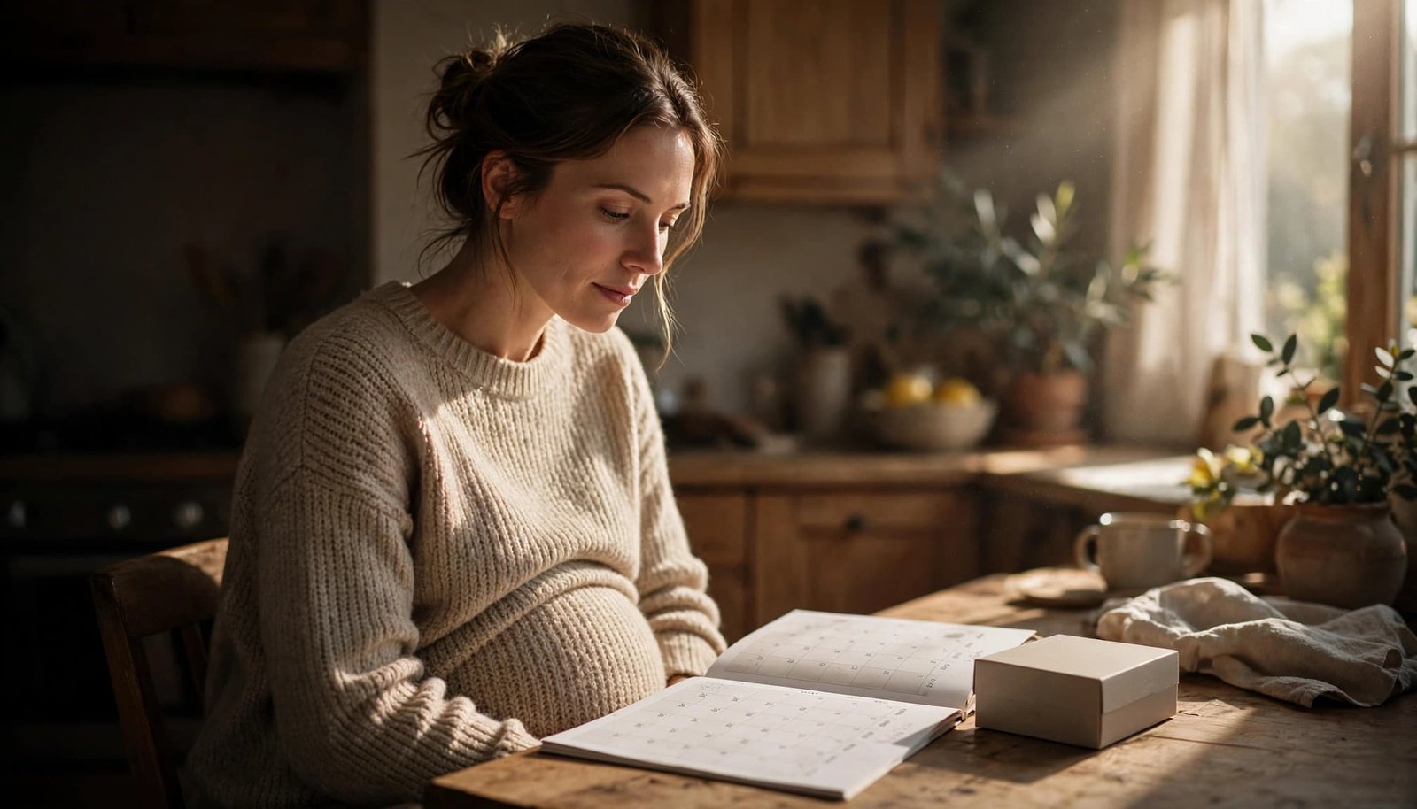 Pregnant woman reviewing a fertility calendar beside a closed ovulation test box.