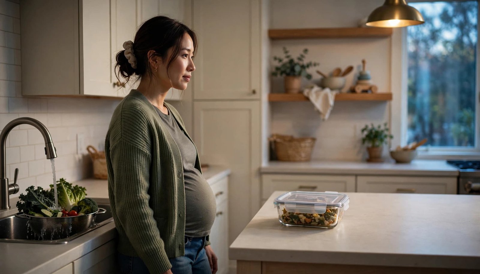 Pregnant woman washing produce beside a covered food container in a bright kitchen.