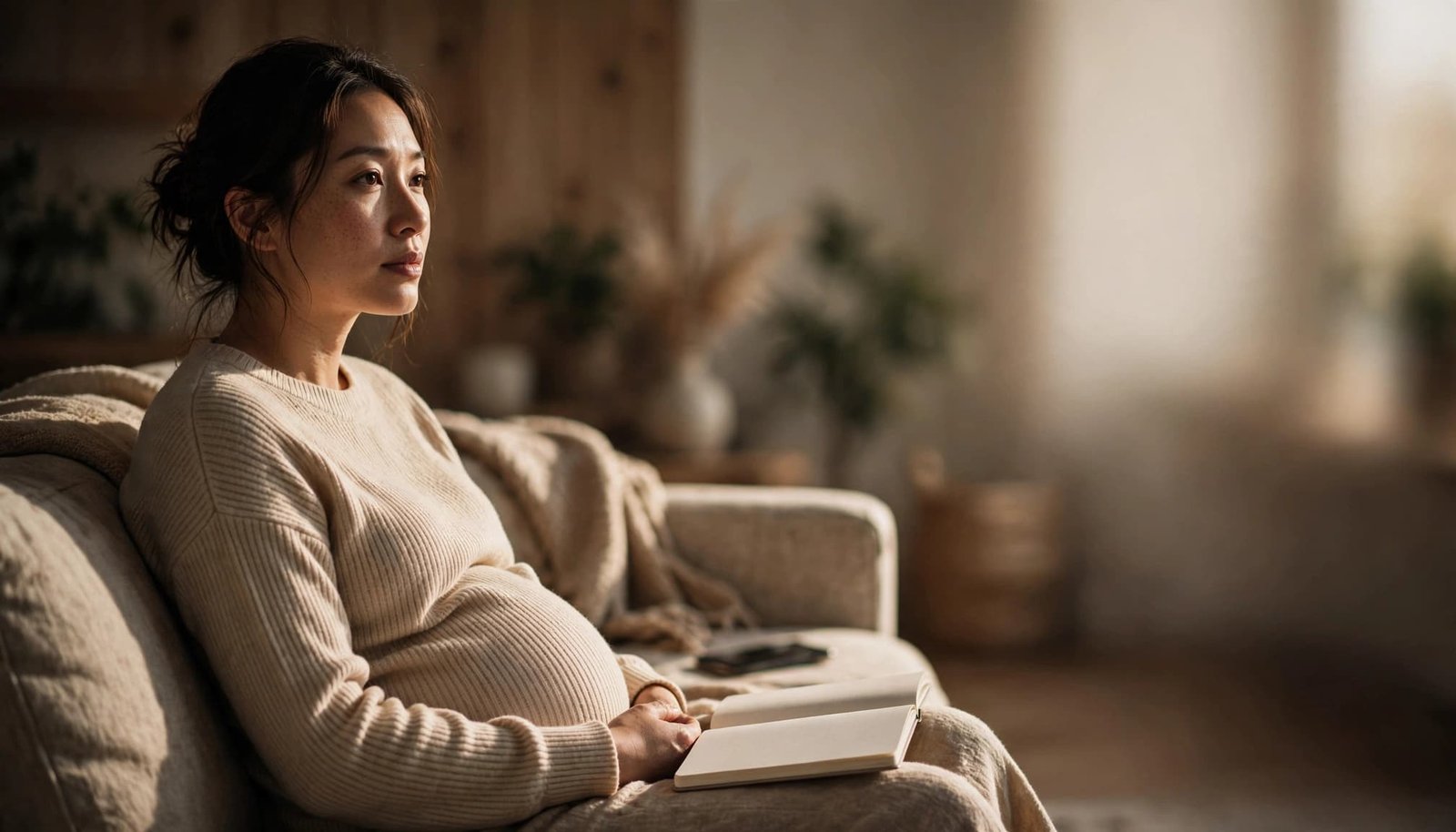 Pregnant woman sitting at home beside a notebook and blurred phone.