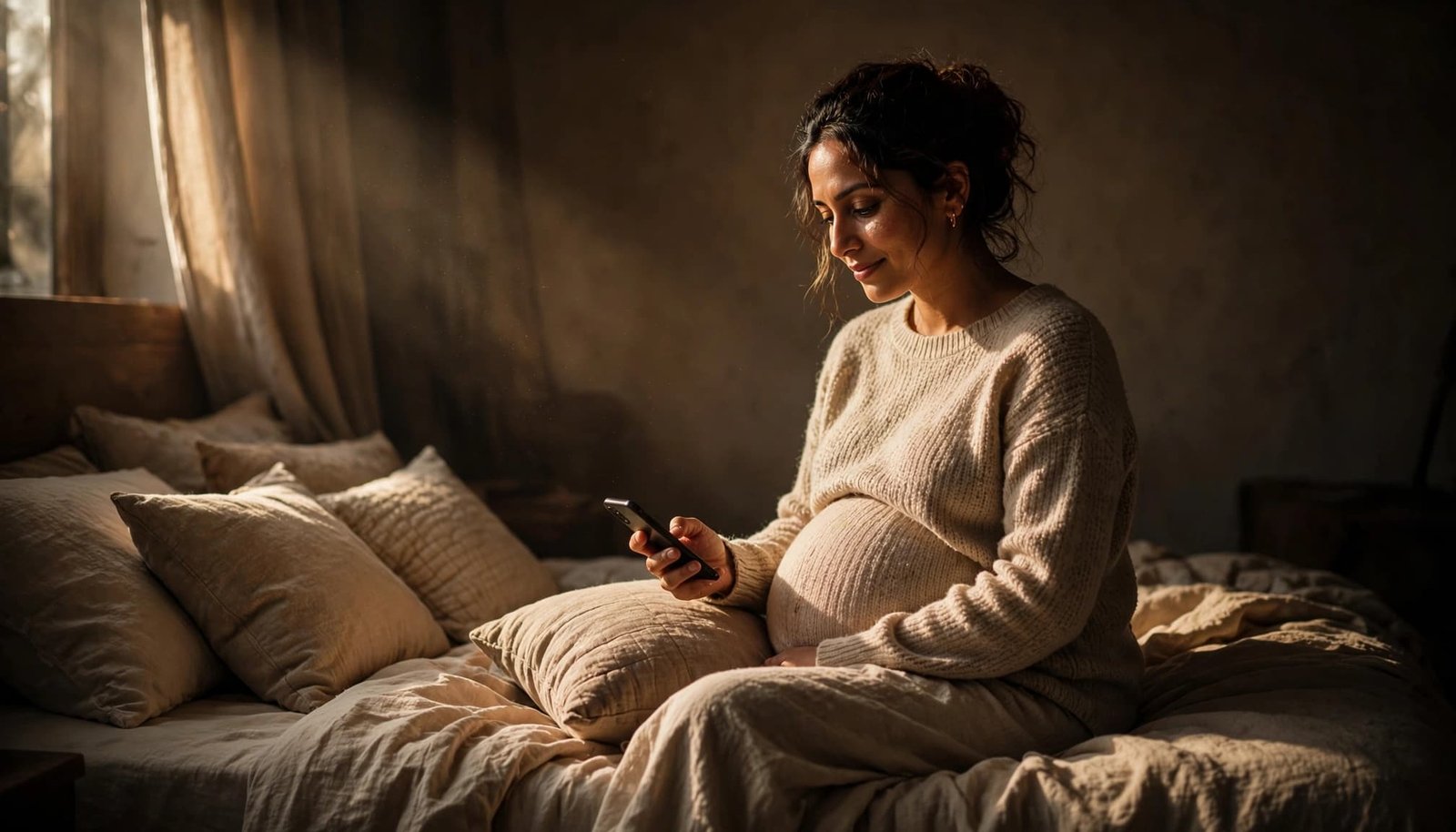 Pregnant woman sitting on a bed and holding a phone near her lap.