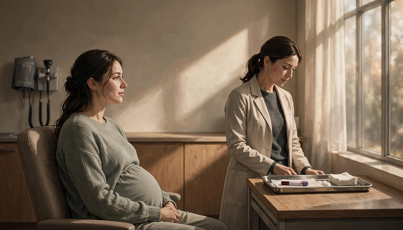 Pregnant patient seated while a clinician reviews blood test results in a warm exam room.