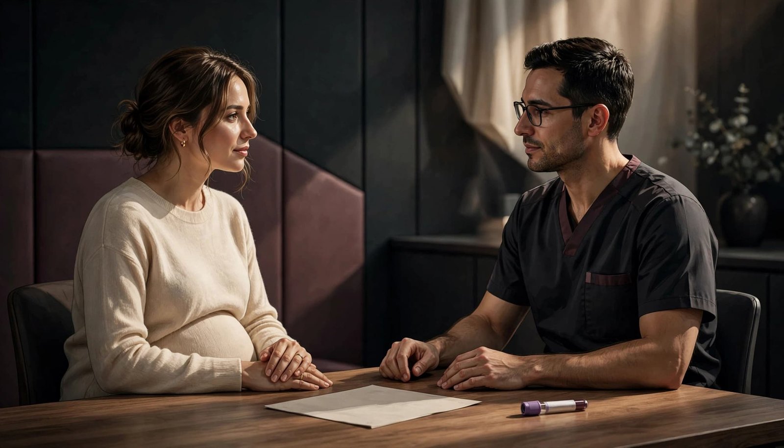 A pregnant patient and clinician sit across a table with a blood form and capped sample tube.