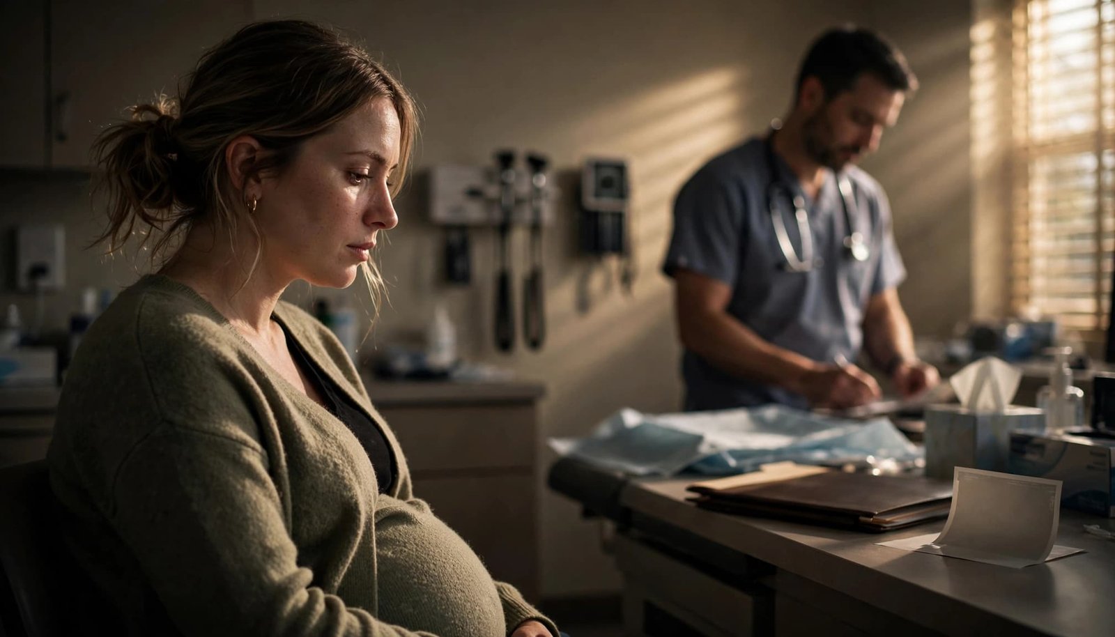 An expectant parent sits in a prenatal exam room as a clinician stands behind them.