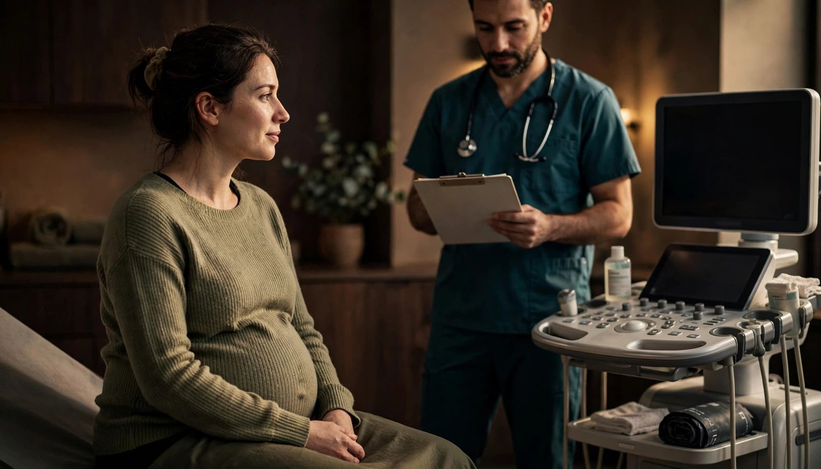 Pregnant patient meeting with a healthcare provider beside an ultrasound monitor.