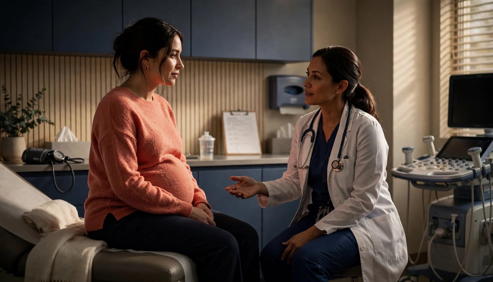 A pregnant patient talks with a healthcare provider during a routine clinic visit.