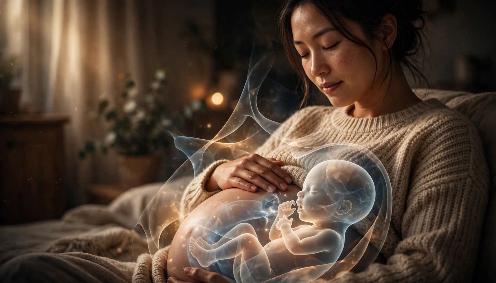 Pregnant woman touching her belly as translucent shapes suggest fetal feeding movements.