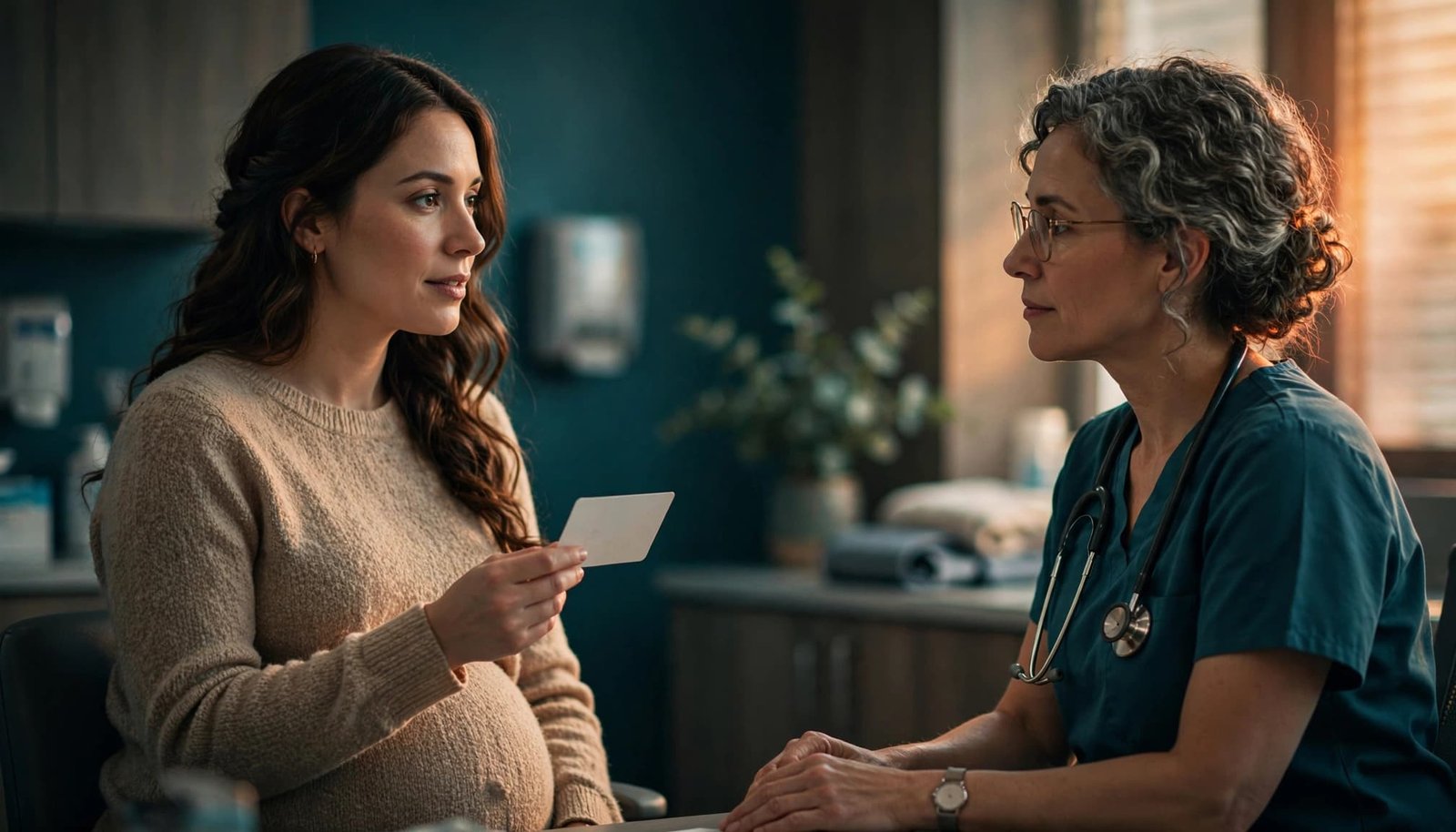 Pregnant woman holding a medical card while talking with a healthcare professional.