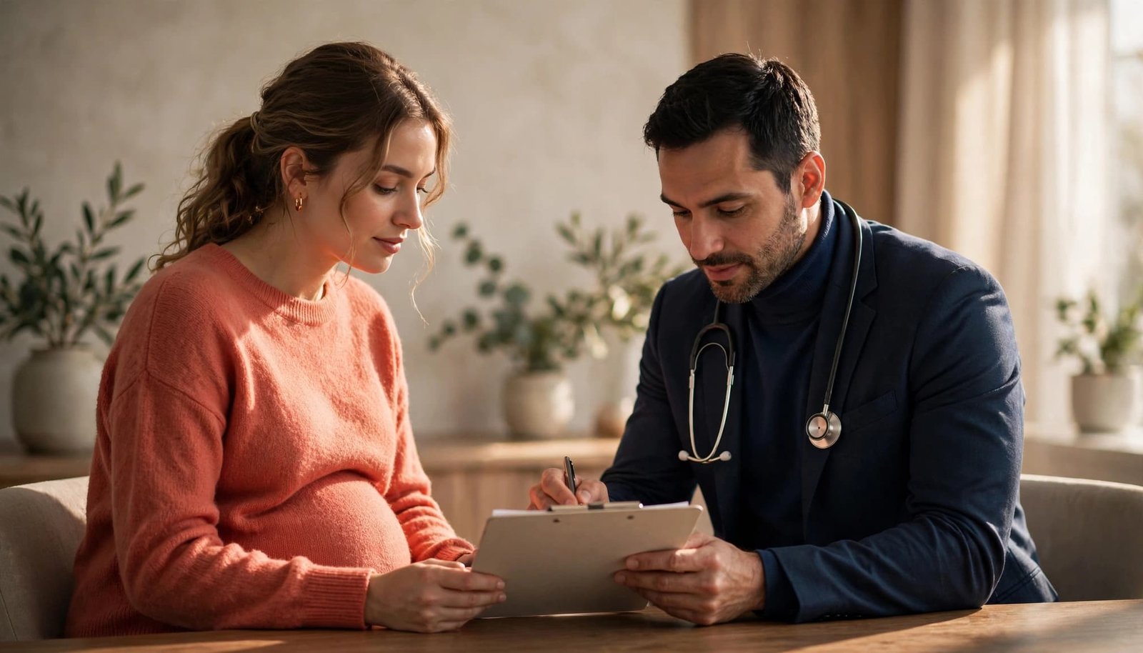 Pregnant patient and clinician reviewing a clipboard during a prenatal visit.