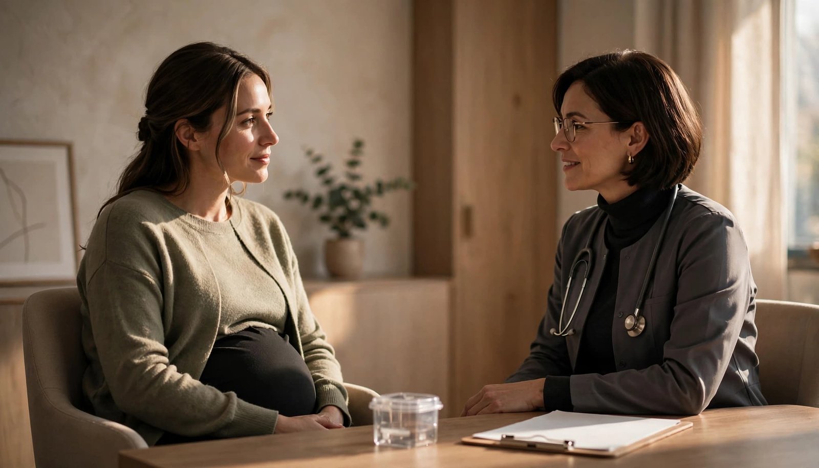 Pregnant patient speaking with a clinician beside a desk.