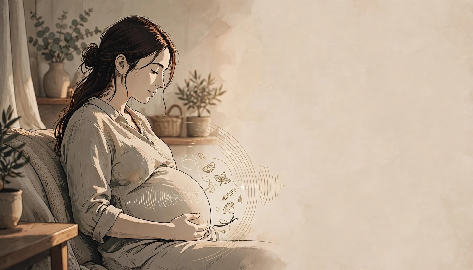 Pregnant woman touching her belly as soft sound waves and flavor shapes surround her in a warm room.