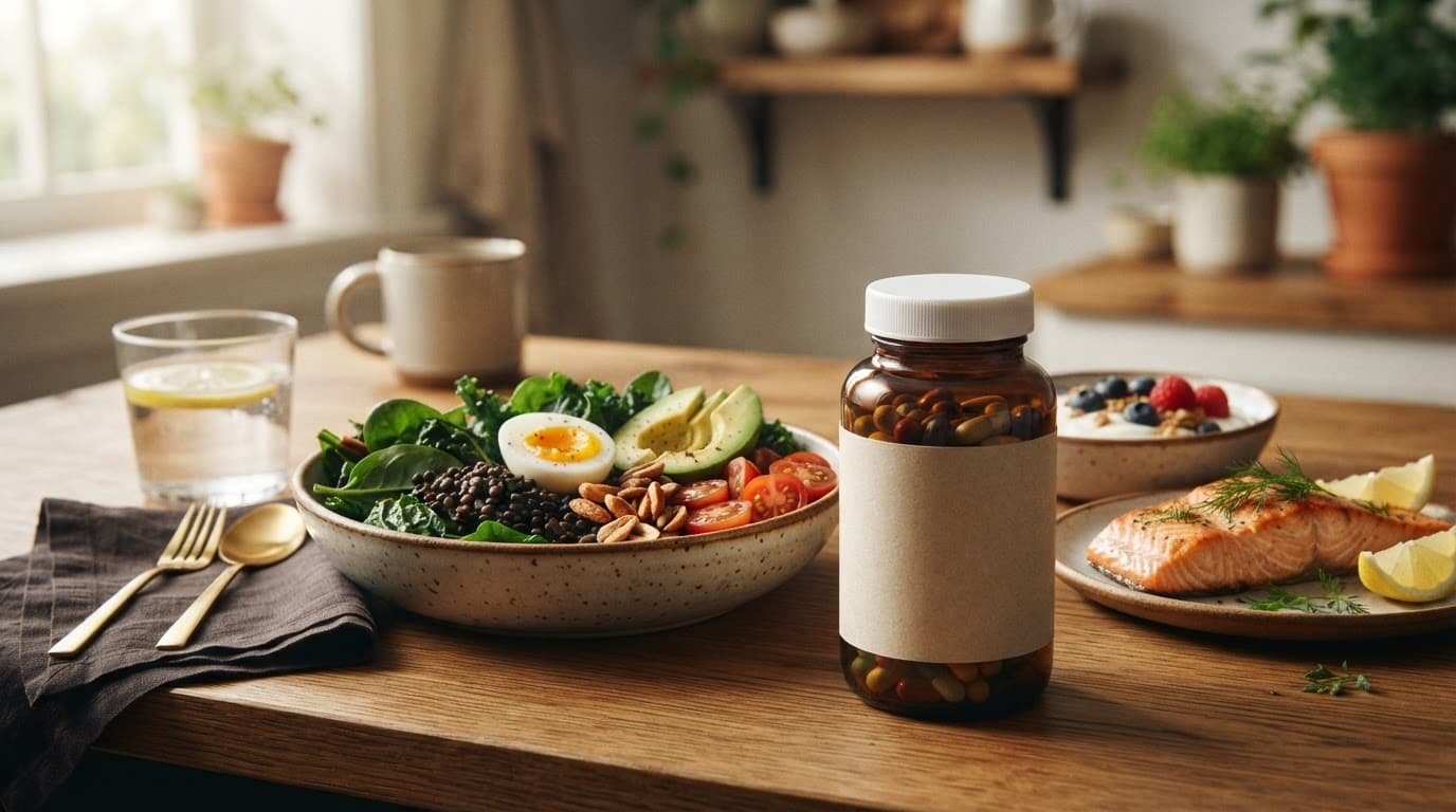 A prenatal vitamin bottle beside a varied meal of greens, lentils, eggs, yogurt, citrus, and salmon.