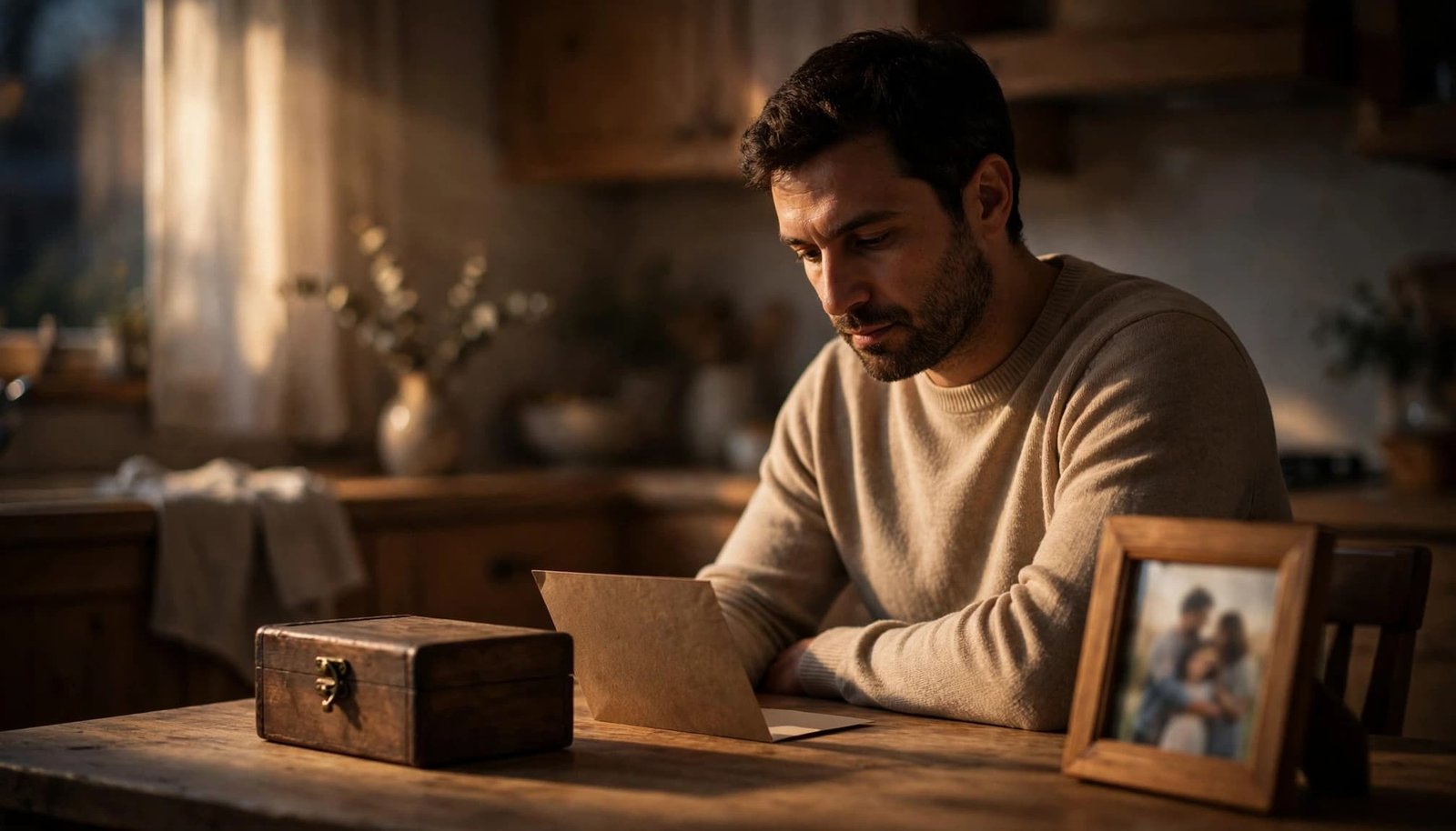 A parent sits at a kitchen table with a memory box and family photo.