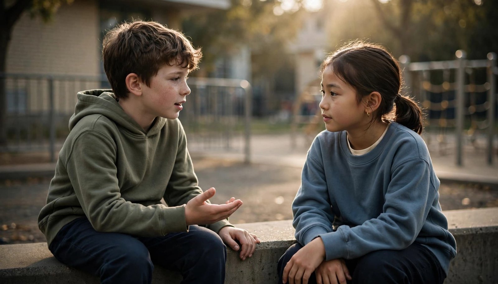 Two children calmly discussing a disagreement in a quiet school playground.
