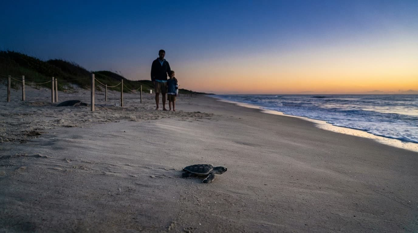 A young sea turtle heads toward the ocean as a child and parent watch from far away.