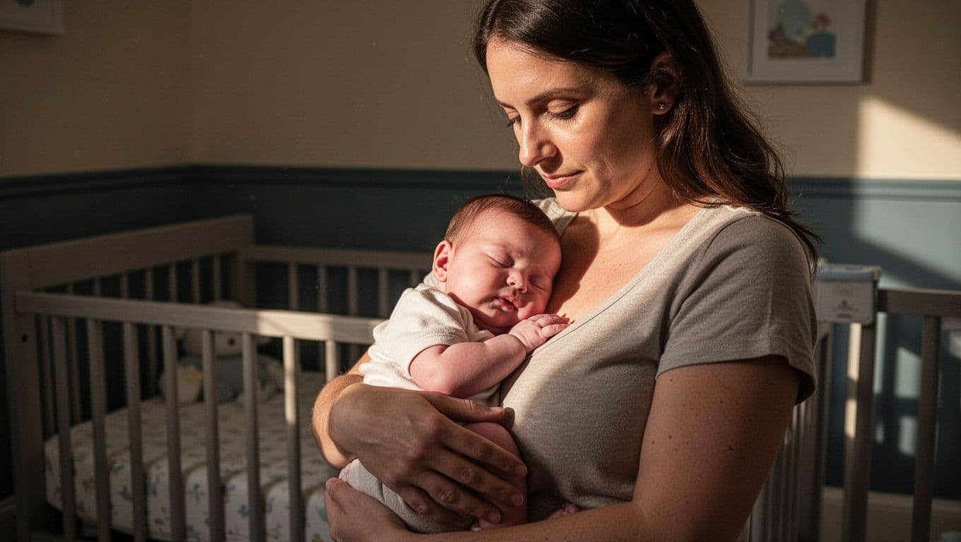 Mother breastfeeds her relaxed baby in a softly lit nursery.