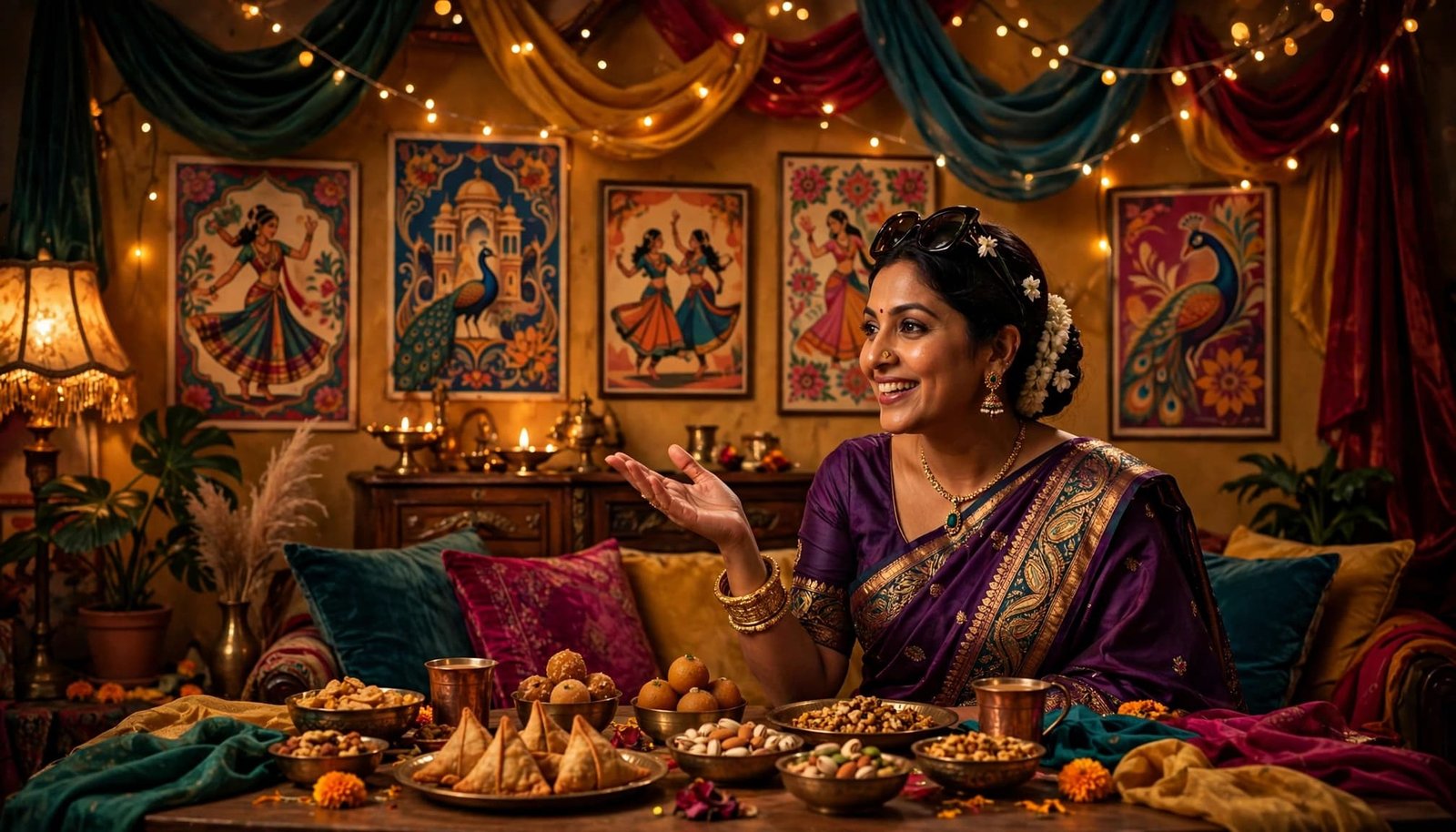 A woman in sunglasses stands beside snacks and colorful decorations.