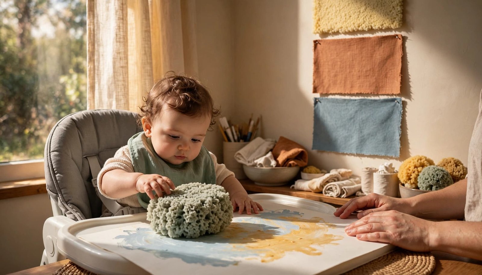 Caregiver supervises a baby using a large sponge on paper at a washable tray.
