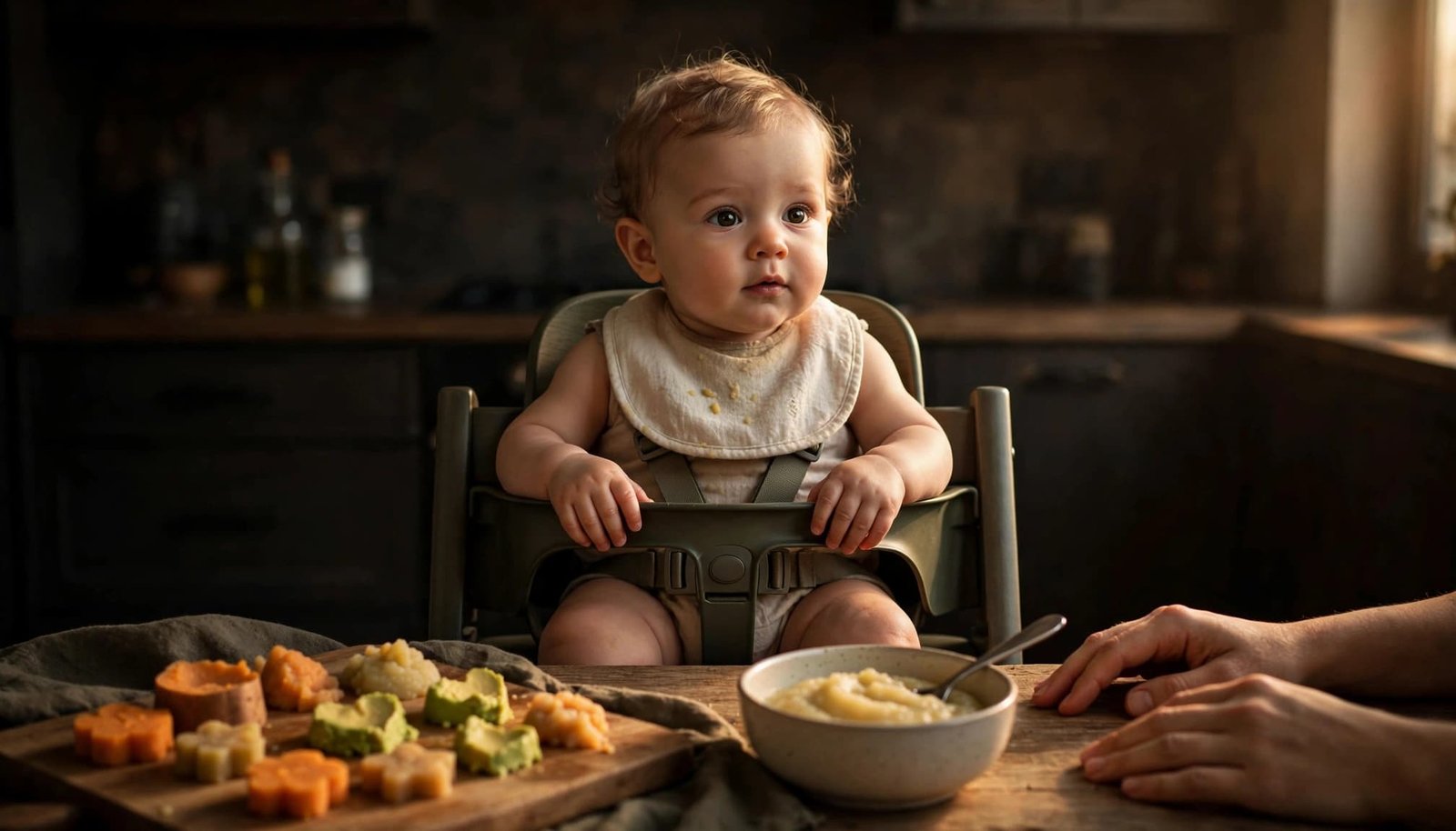 Baby safely seated with mashed food, a spoon, and soft foods on the table.