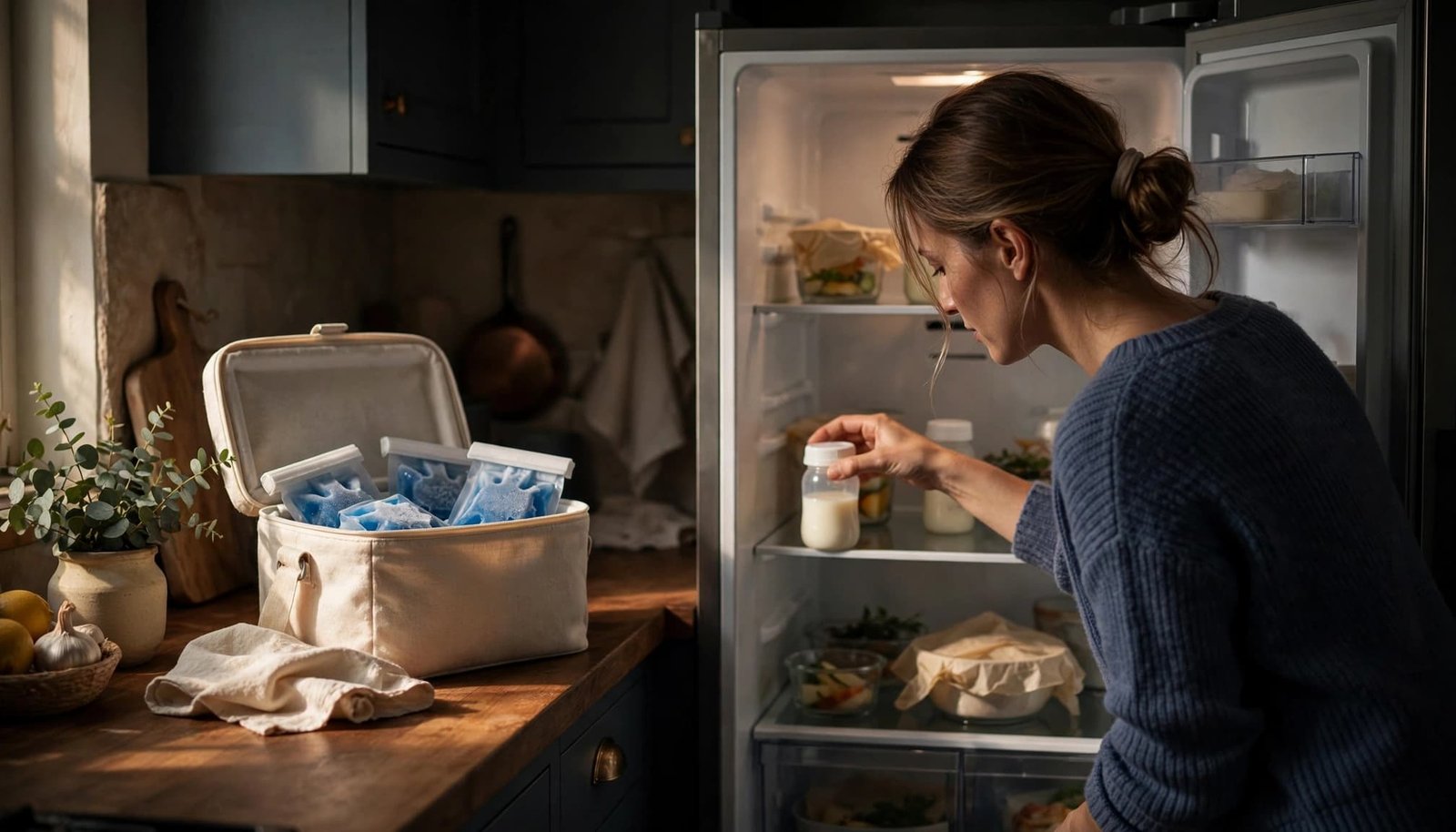 A mother stores a capped milk container in a refrigerator beside a cooler with ice packs.