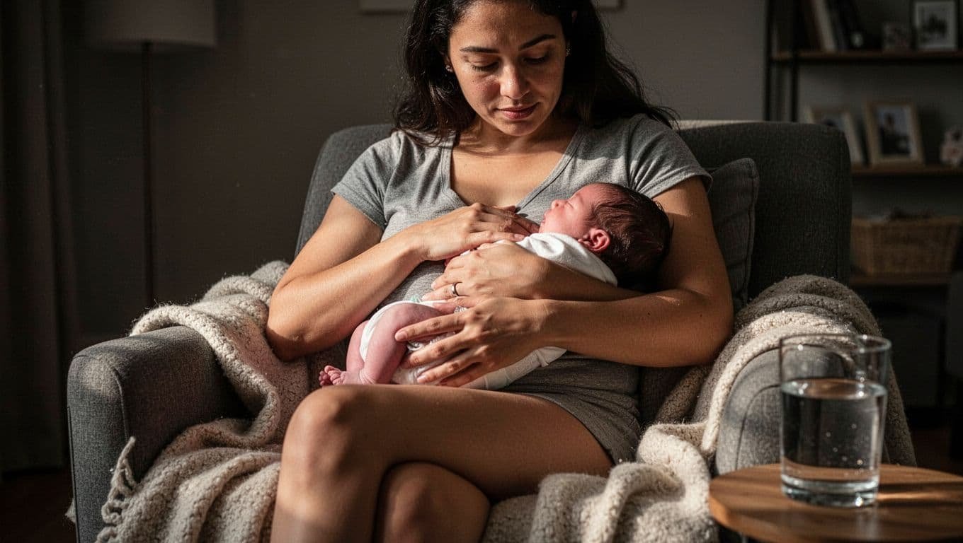 Mother safely breastfeeds a supported newborn on a soft blanket at home.