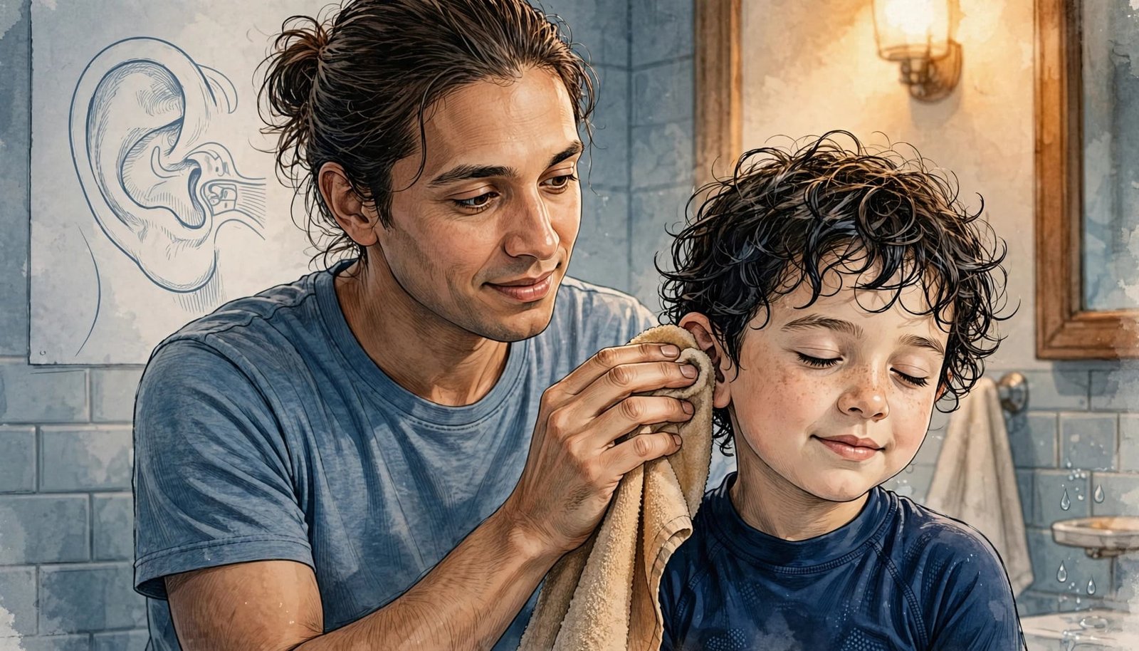 A parent gently dries a child's ear after swimming in a calm bathroom.