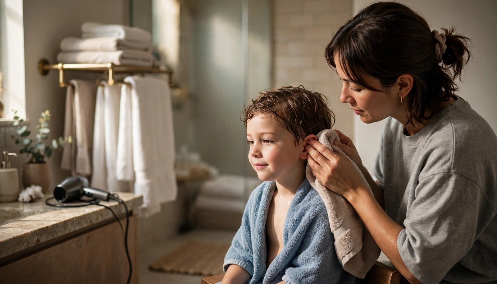 A parent gently dries a child’s outer ear beside a bright bathroom towel rack.