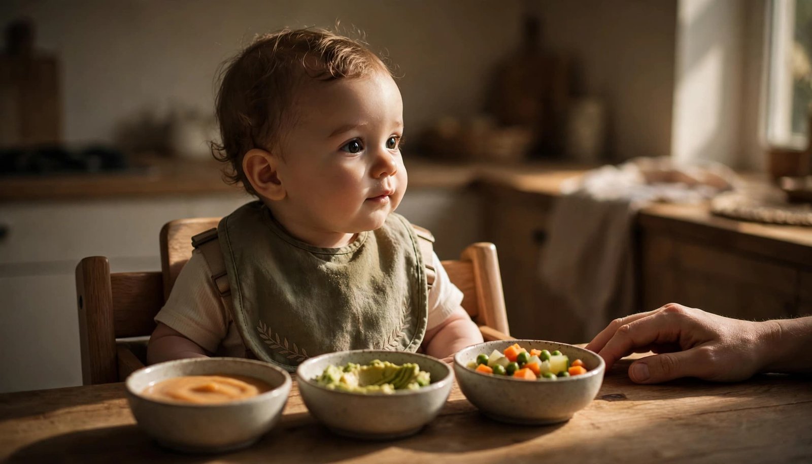 Baby sits upright beside bowls of soft first foods.