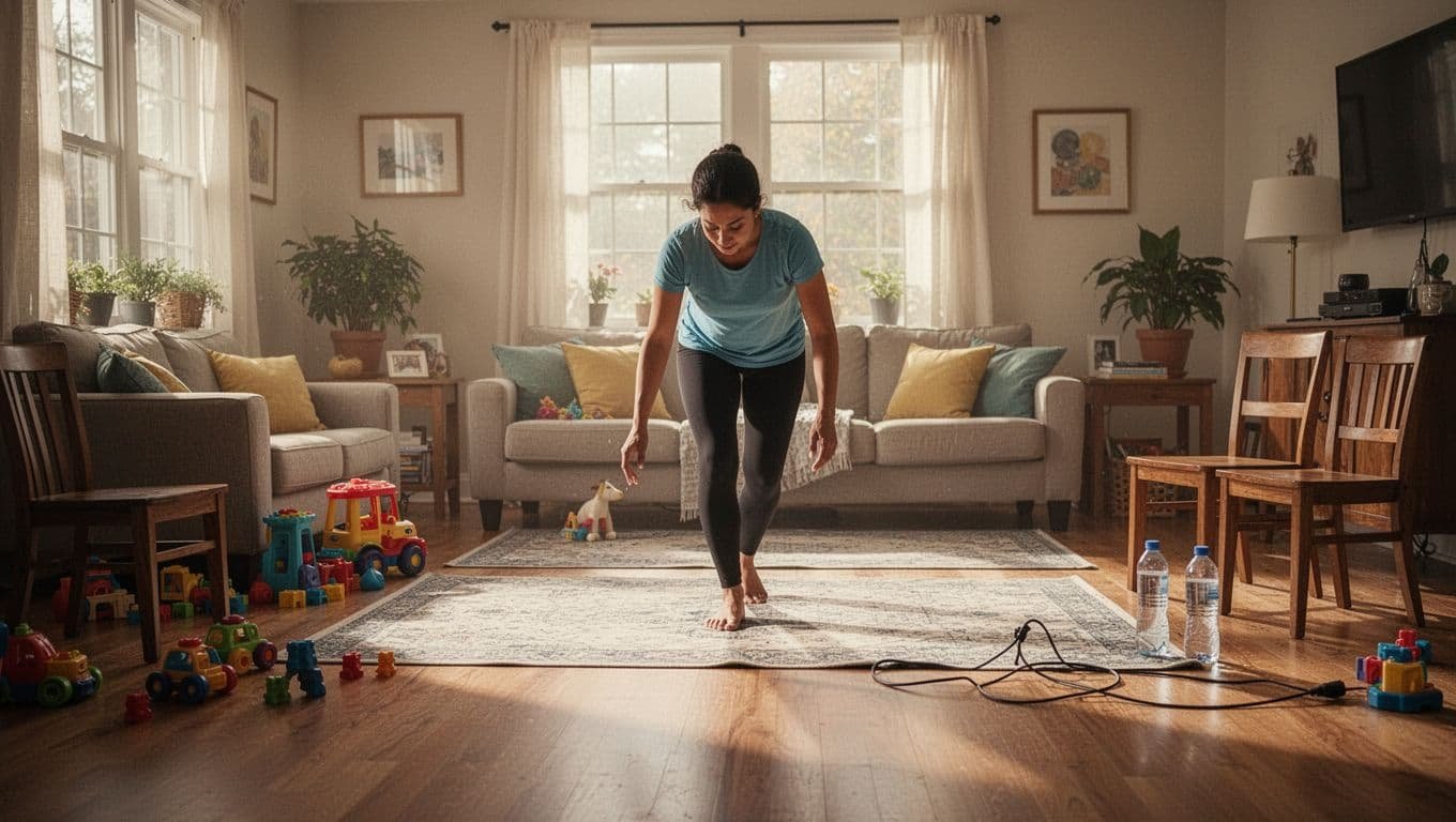 An adult prepares a clear, safe dance space in a bright living room.