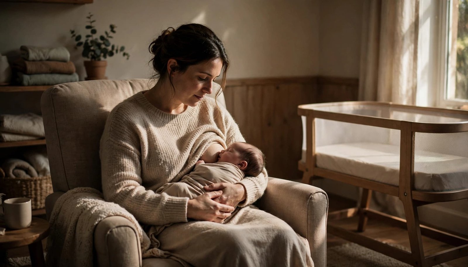 Mother breastfeeds a relaxed newborn beside a separate bassinet in a warm nursery.