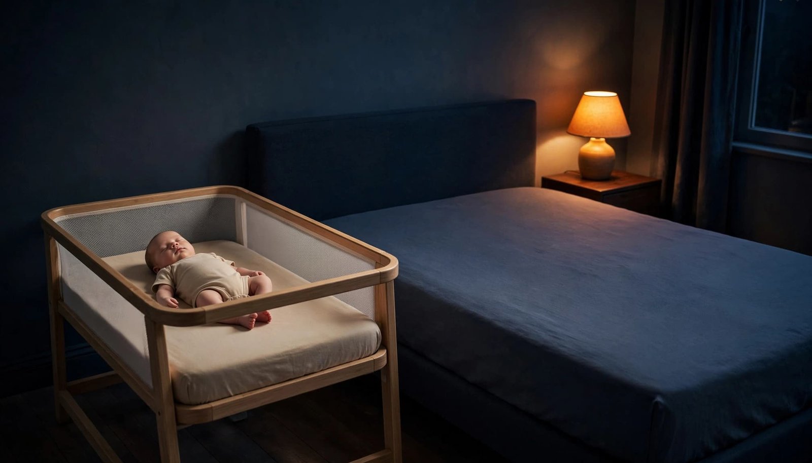 Newborn sleeping on their back in a bare bassinet beside an adult bed.