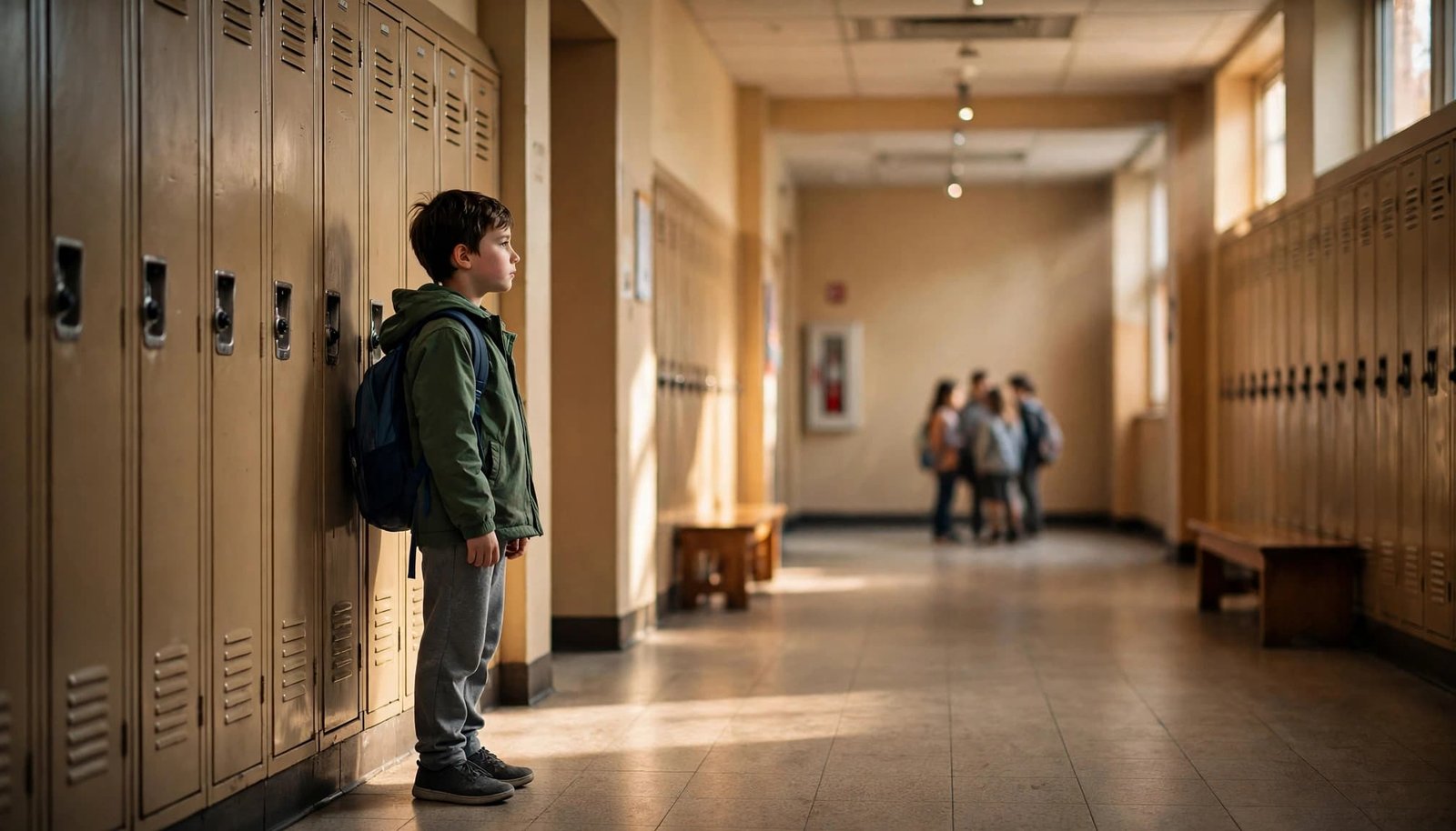 A child stands alone in a school hallway with blurred peers in the background.