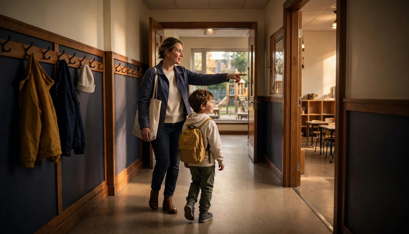 A parent points toward a classroom as a child with a backpack walks beside them.