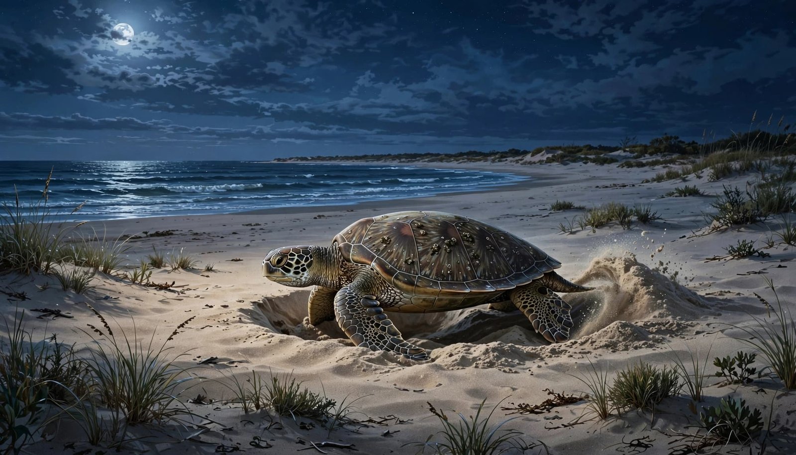 A sea turtle digs a nest on a moonlit beach with waves behind her.