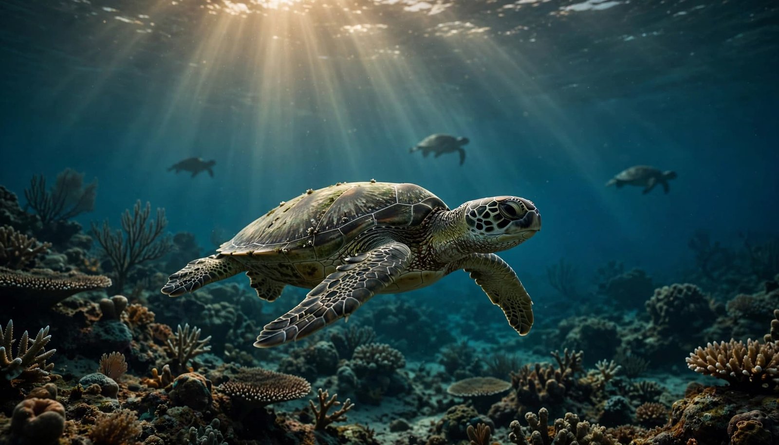 A green sea turtle swims above a coral reef in clear blue water.