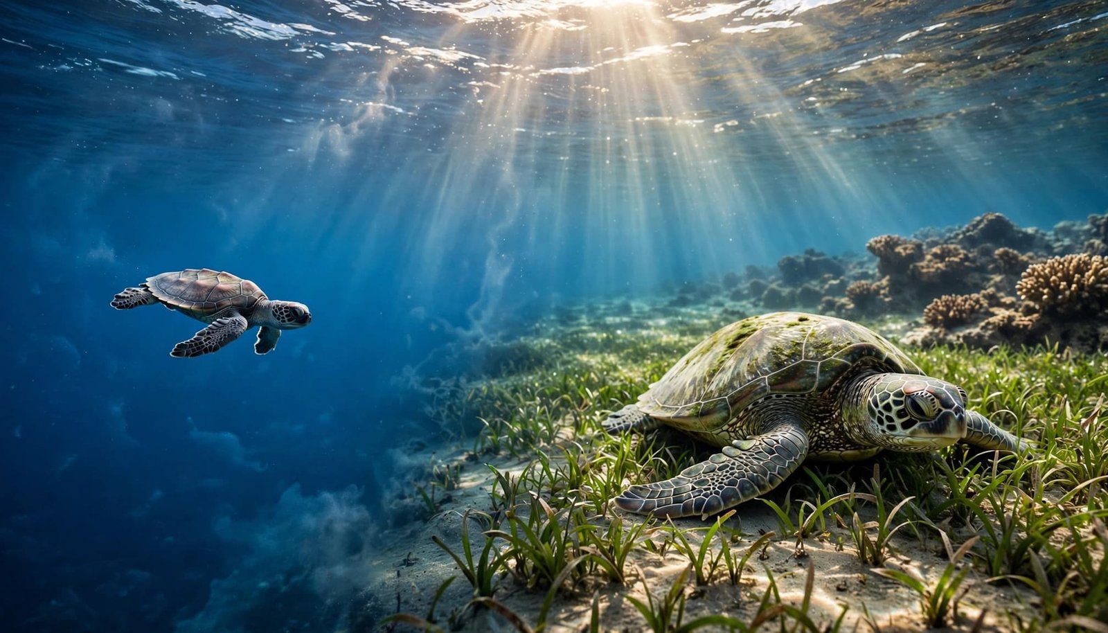 Two sea turtles occupy open ocean and a shallow seagrass bed.
