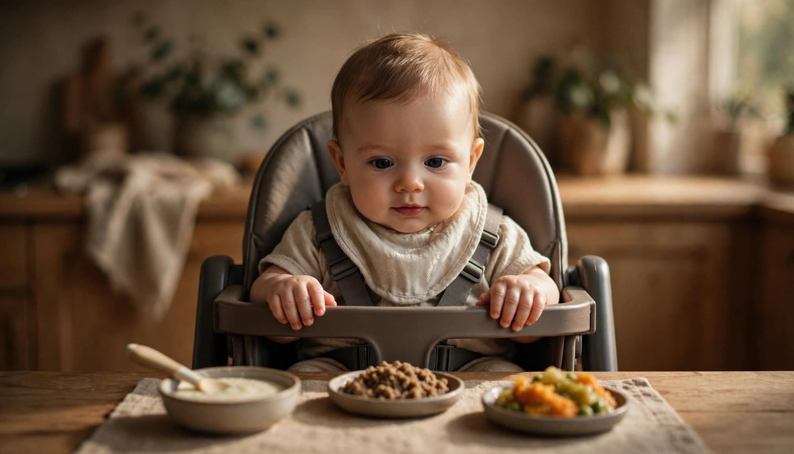 A baby in a high chair sits beside small dishes of soft foods and a spoon.