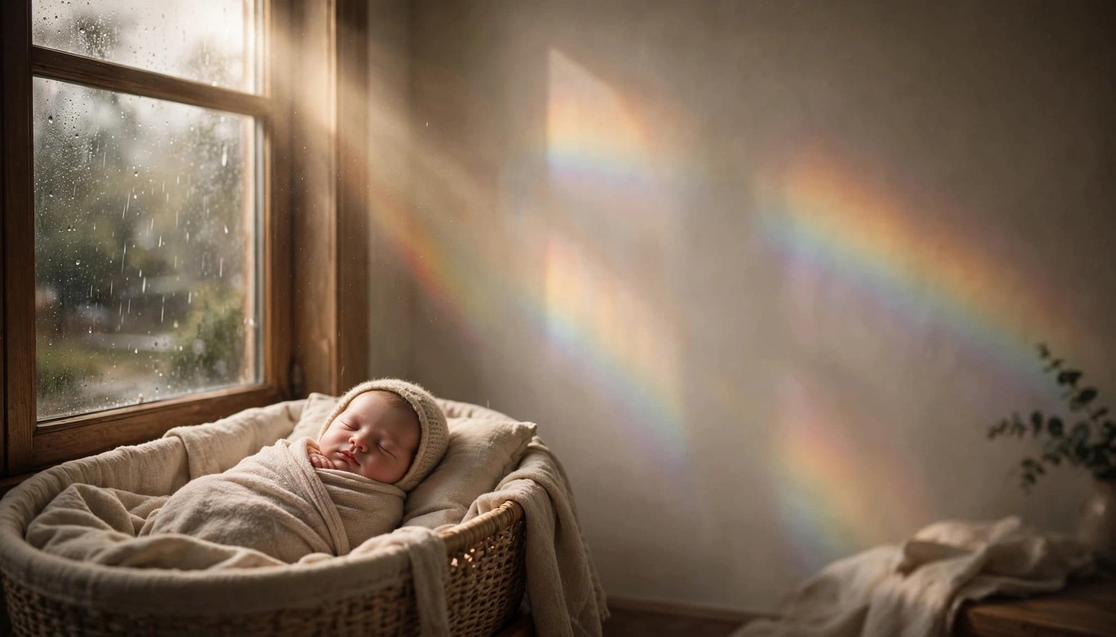 A newborn sleeping in a bassinet beside a glowing window with a soft rainbow behind.