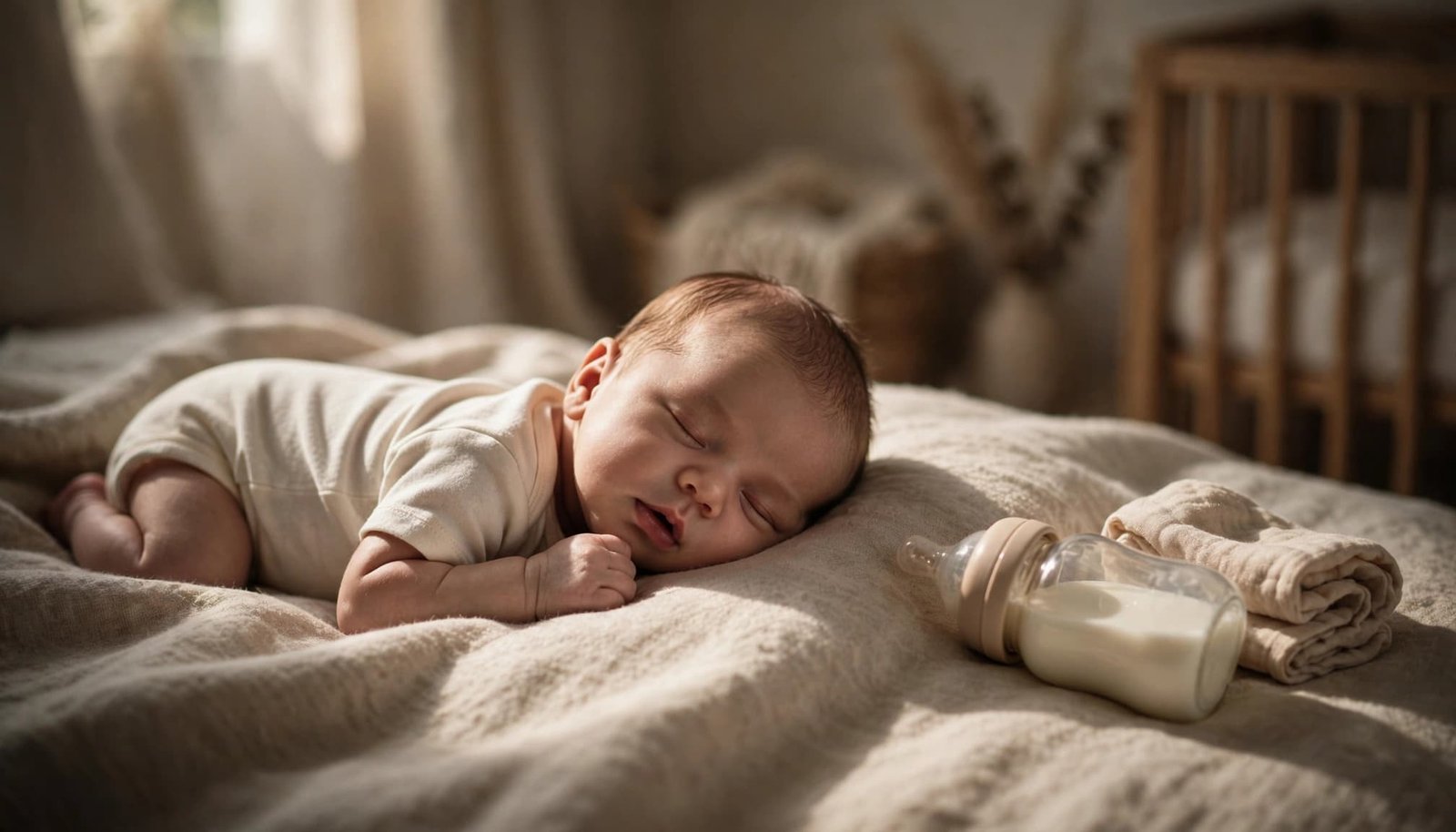 Newborn baby sleeping on a soft blanket beside a feeding setup.