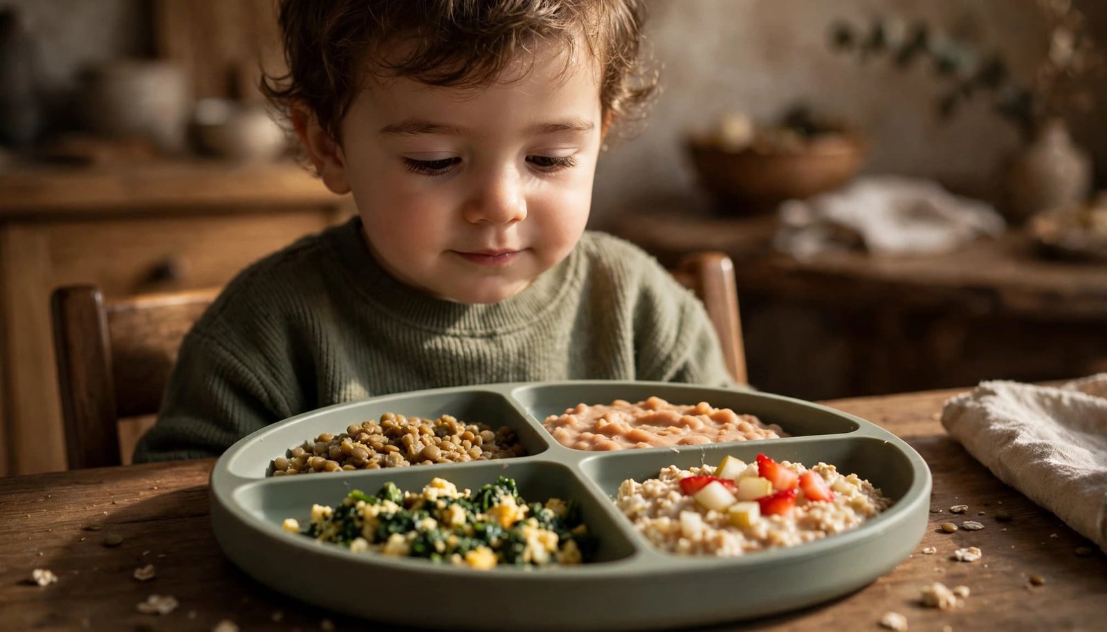 Toddler eating soft foods from a divided plate.