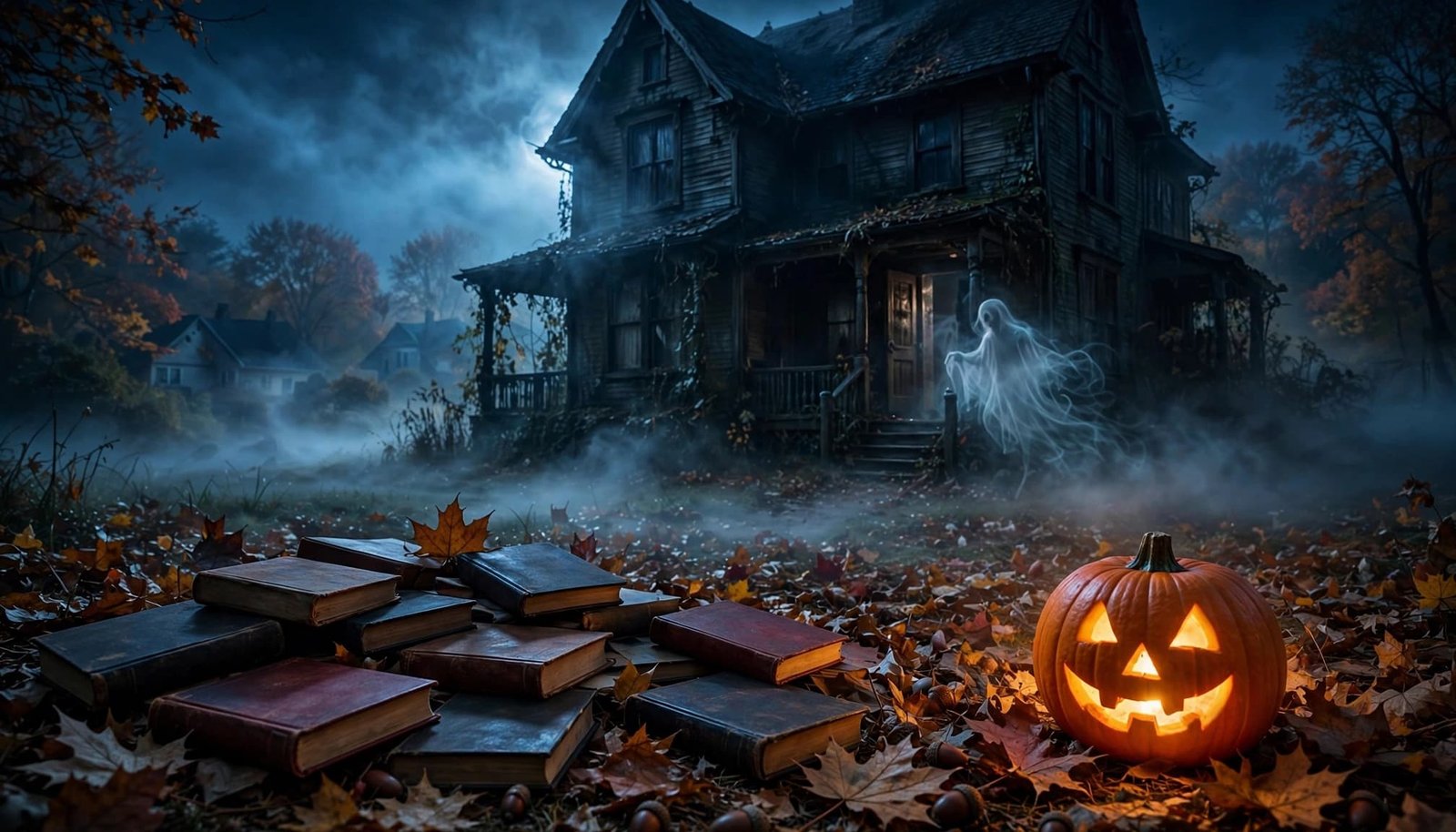 A haunted house with storybooks, a glowing pumpkin, mist, and a faint ghost near the doorway.