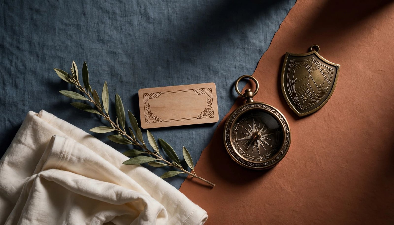 A compass, shield charm, laurel branch, name card, and folded baby fabric arranged on a warm surface.