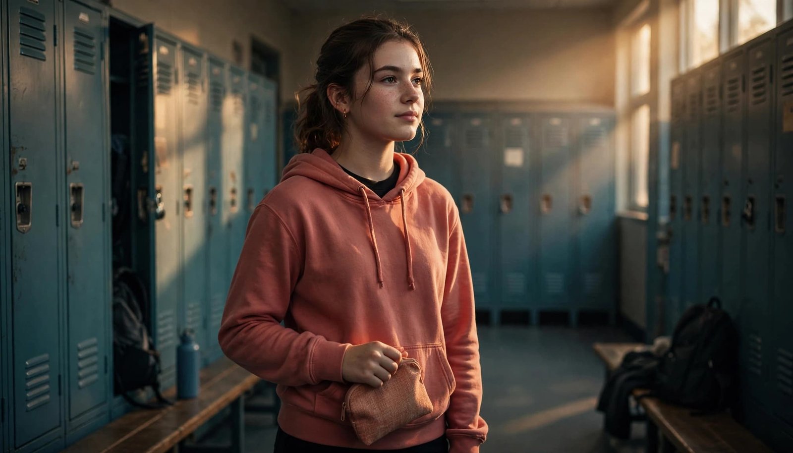 A teenage girl stands by school lockers with a small care pouch.
