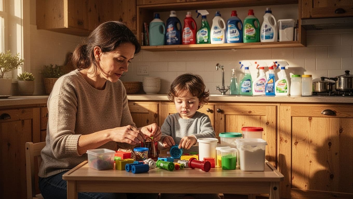 Parent supervises a child sorting safe items while cleaners sit on a high shelf.