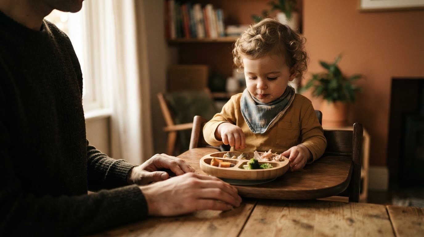 Toddler sits in a high chair with finger foods while an adult supervises.