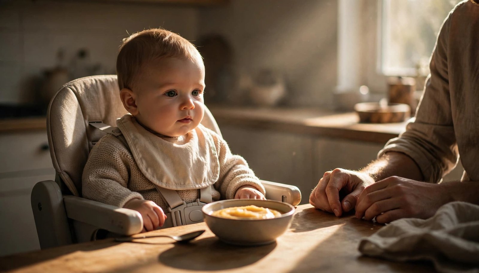 Infant sits upright in a high chair beside a puree bowl while a parent supervises.